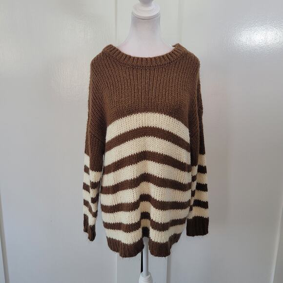 Pink Lily Size S Brown Striped Drop Shoulder Chunky Knit Slouchy Sweater - Picture 1 of 9